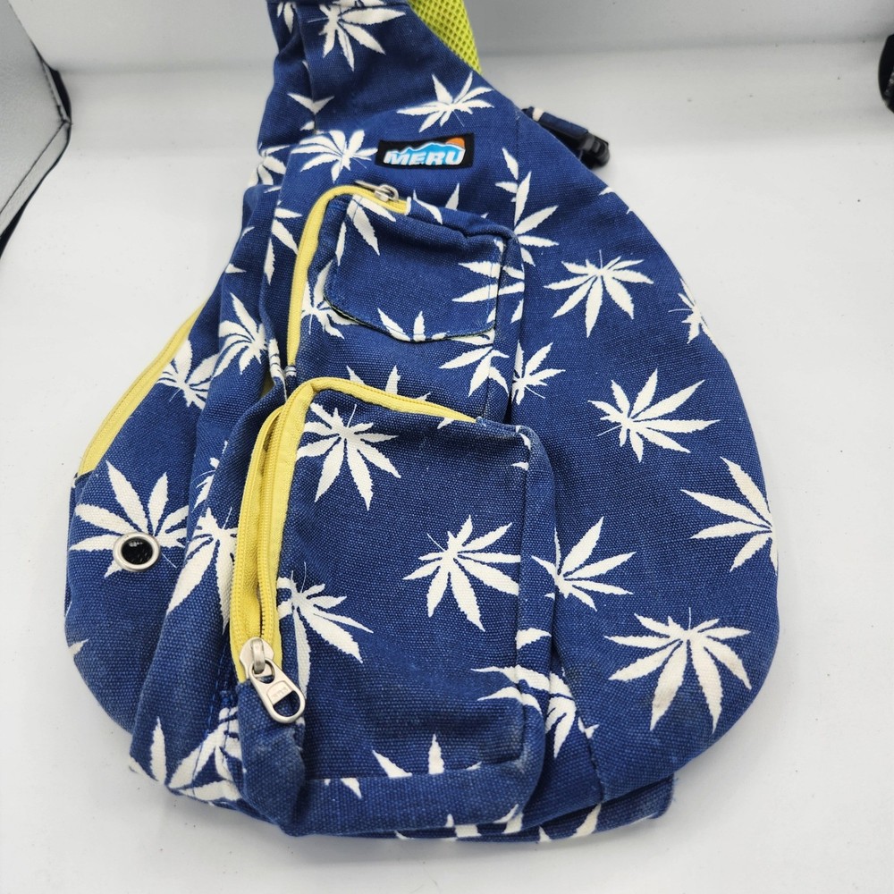 MERU Sling Bag Backpack Blue White Leaf Pattern Trippy Crossbody Day Pack