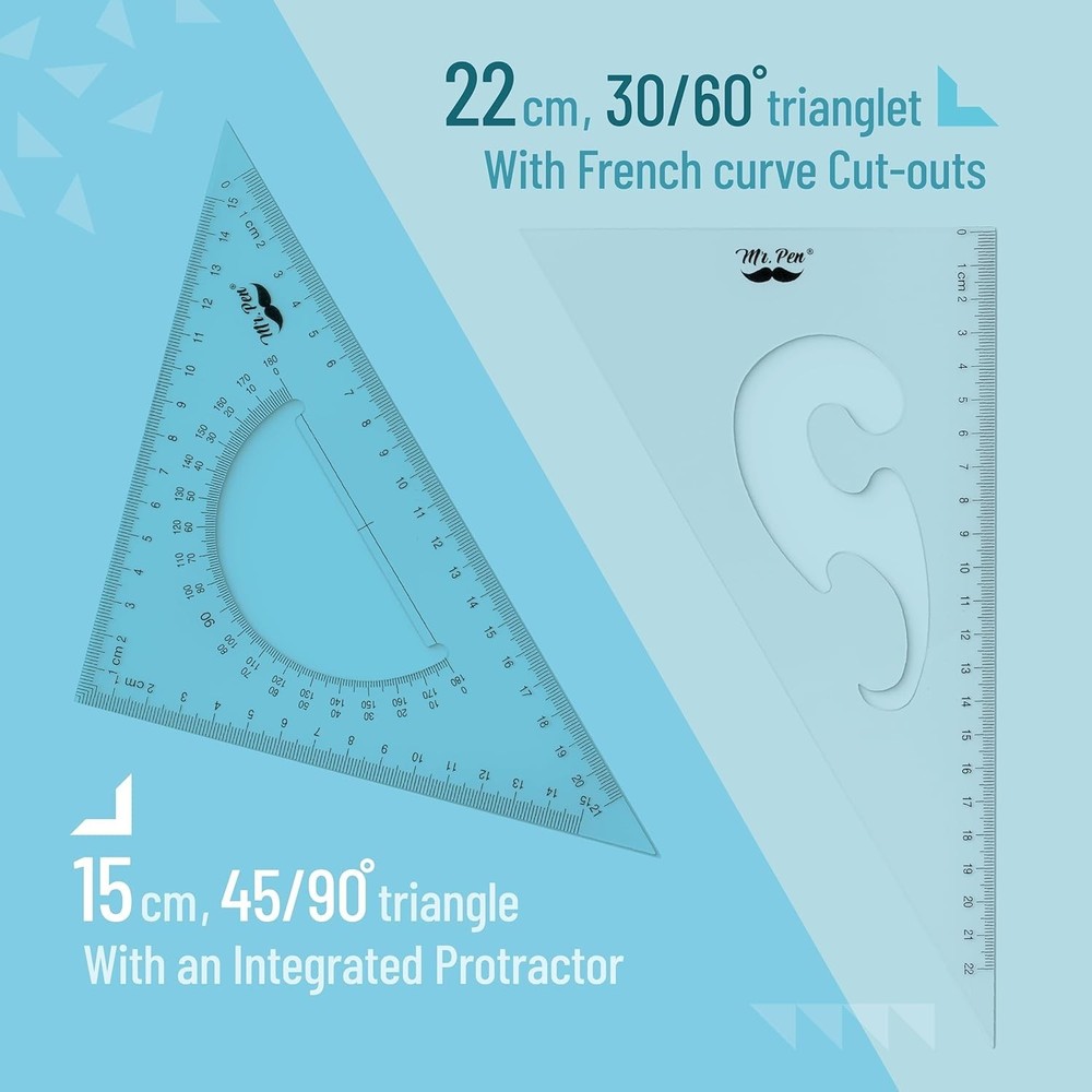 Versatile Drawing Ruler Set: 2 Triangular Rulers with Protractor for Precision