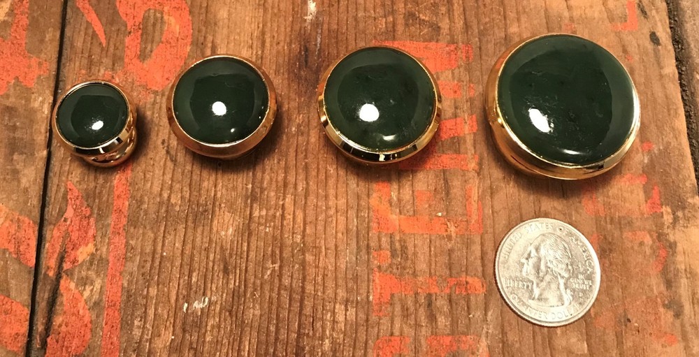 Jade on Brass, Mid-Century drawer pulls, knobs, Alaskan Nephrite 1/2"