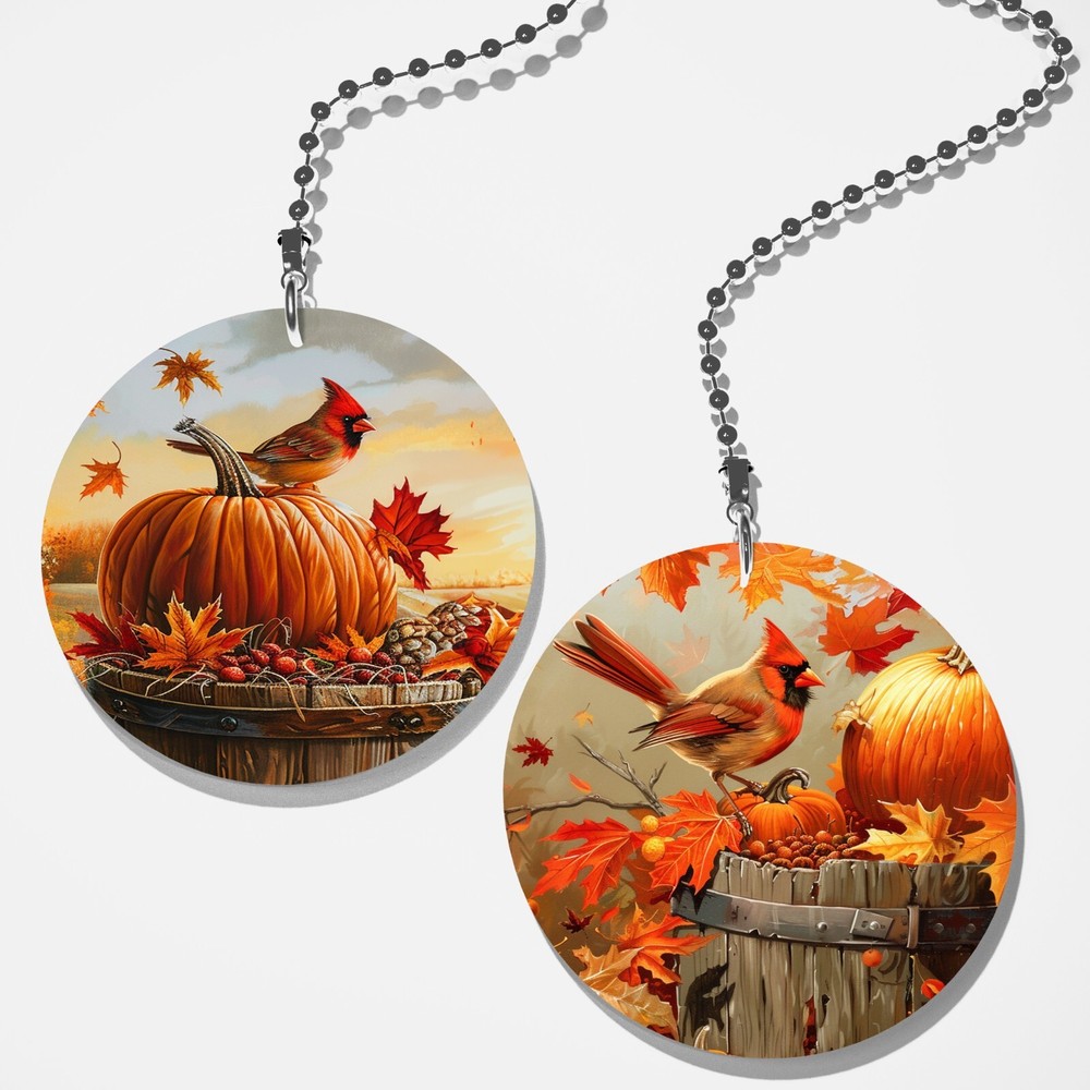 Set of 2 Coordinating Autumn Cardinal with Pumpkin Fan Pull / Light Pull