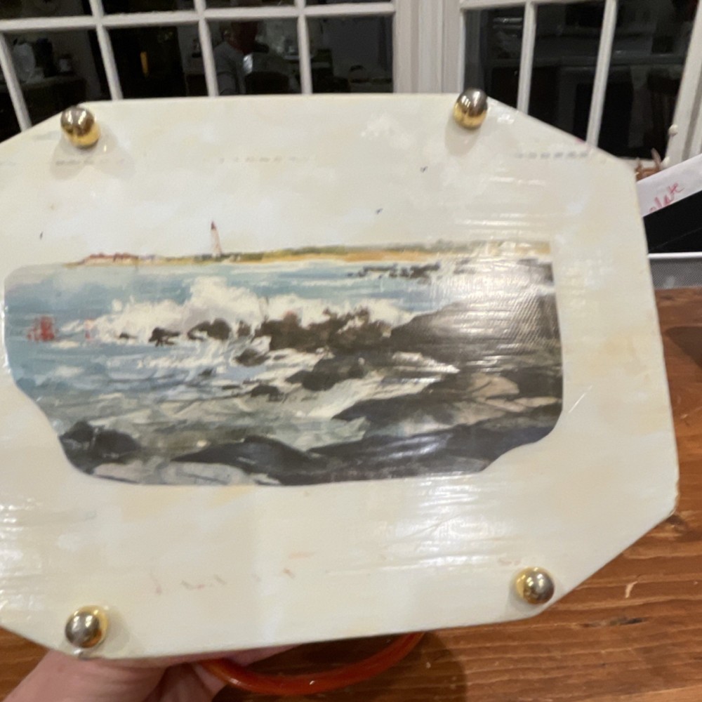 Octagonal Scenic Artistic Decorative Box with Handle Wood Metal Plastic