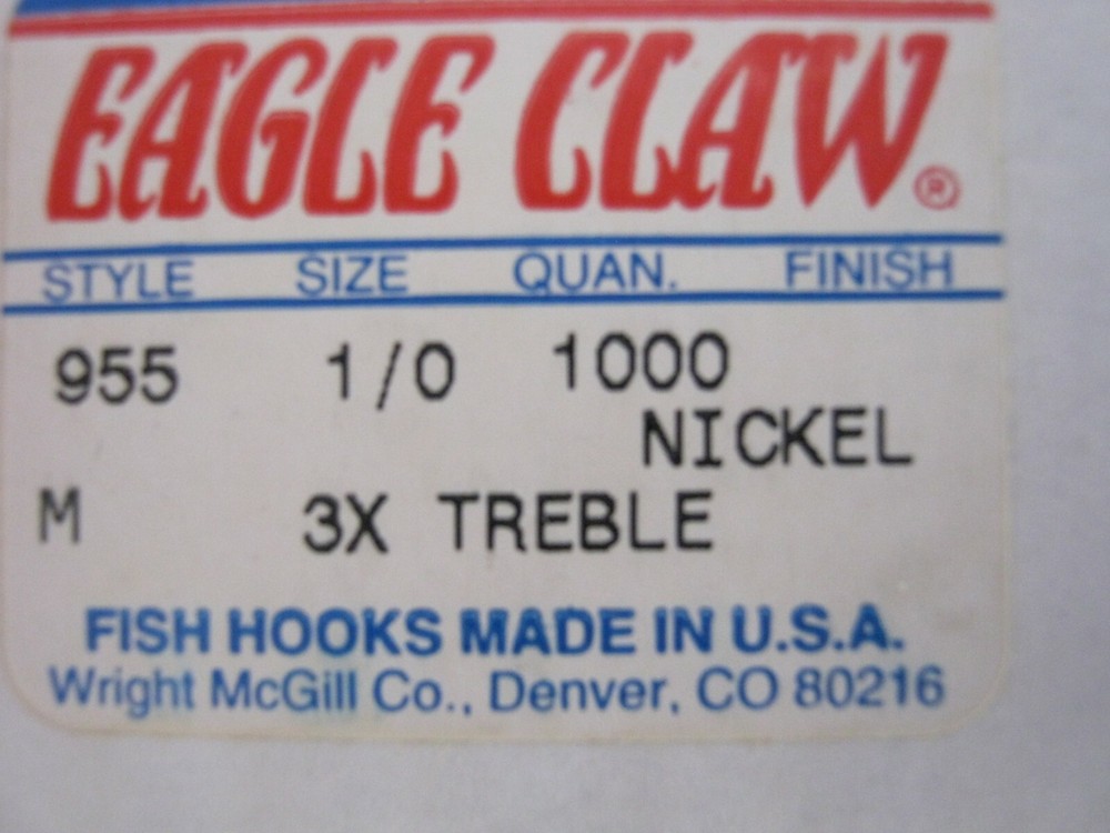 20 Eagle claw 955M 3X NickleTreble Hooks size 1/0 lure replacement