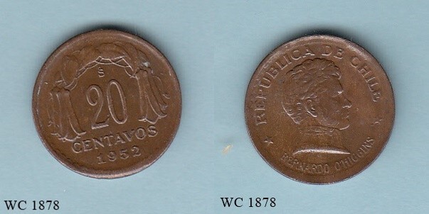 Chile 20 Centavos 1952 So Coin