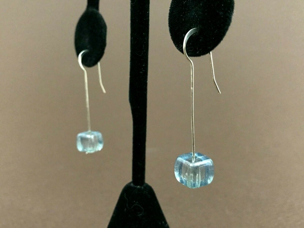 Unique Wired Light Blue Glass Cube Beads Silver Tone Dangle Pierced Earrings