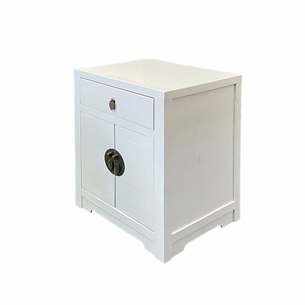 Distressed White Lacquer MoonFace End Table Nightstand Cabinet cs7039