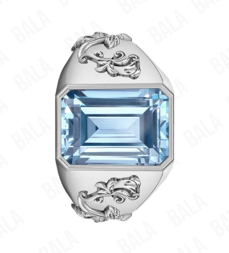 Handmade 925 Sterling Silver Blue Topaz Ring, Rectangular Emerald Cut Aqua Blue