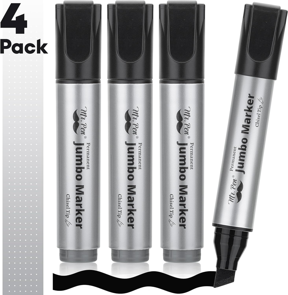 Jumbo Permanent Markers 4 Pack Chisel Tip Black - Thick Wide Tip Large Size