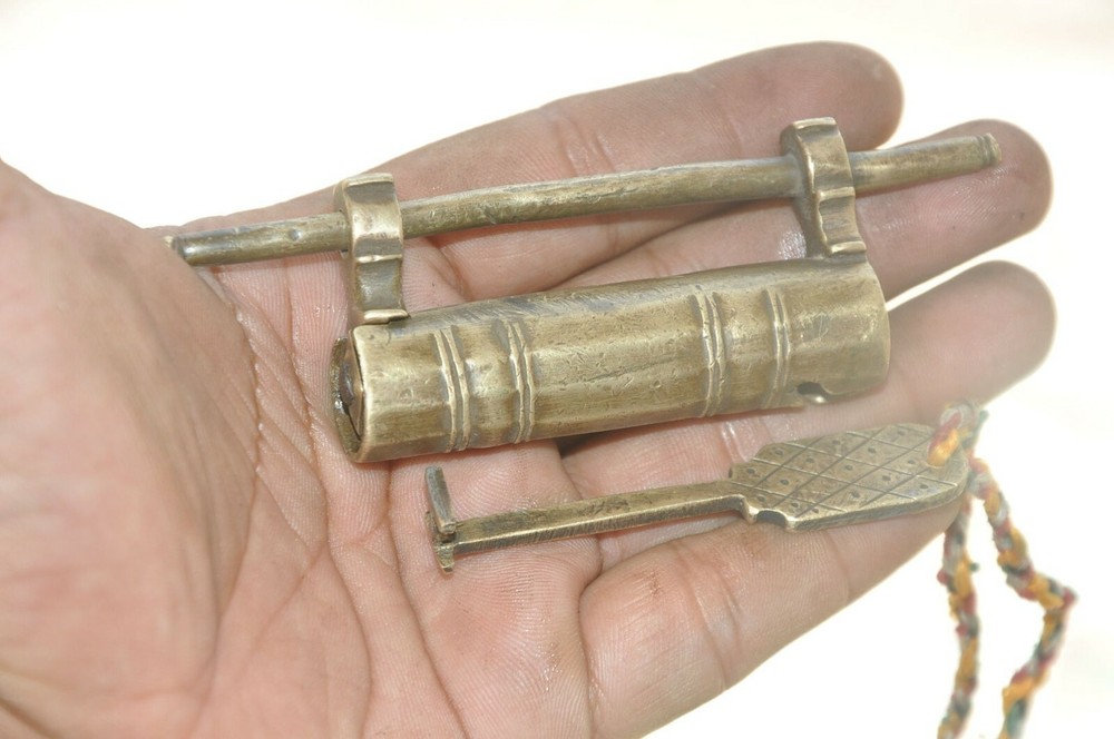 Vintage Brass Small Cylindrical Shape Unique Handcrafted Strip System Padlock