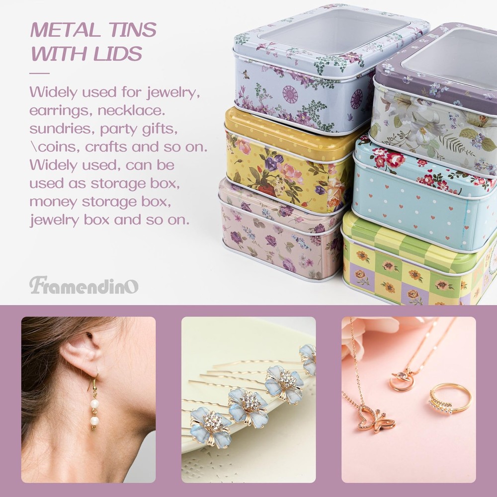 Framendino, 6 Pack Metal Rectangular Tin Boxes Containers Floral Tinplate Org...