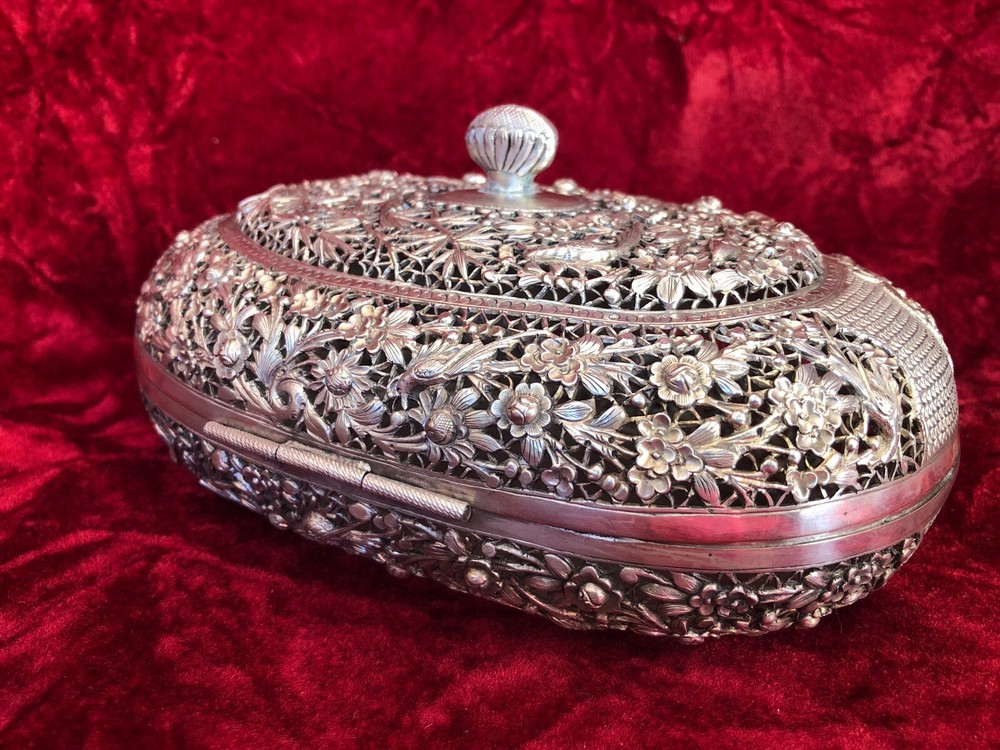 Antique Chinese Sterling Silver Open Work Hinged Signed Box