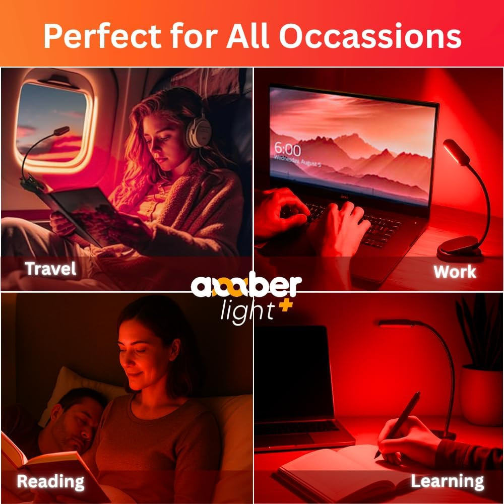Amber Reading Light + Redlight. Giftable Blue Light Blocking Book Light for Read