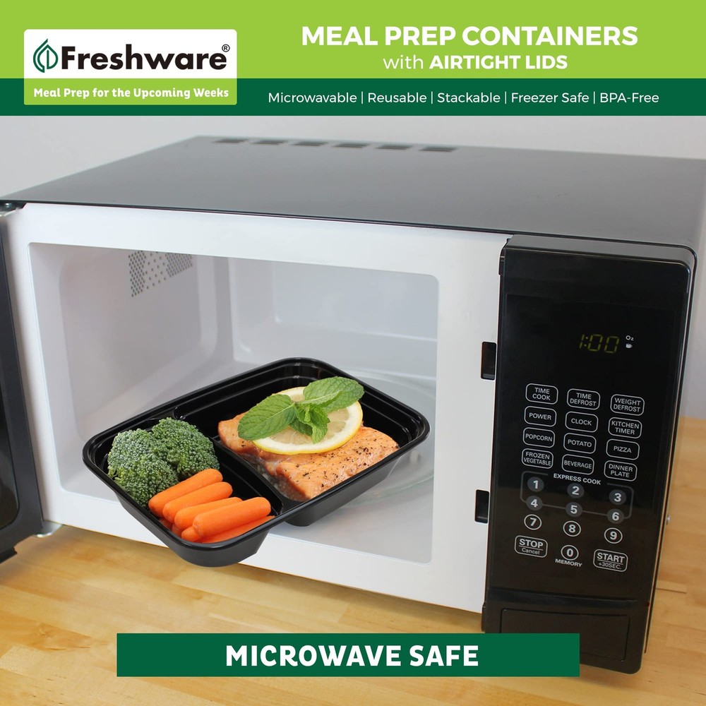 Freshware Meal Prep Containers [50 Pack] 2 Compartment 2-COMP-50PK, Black
