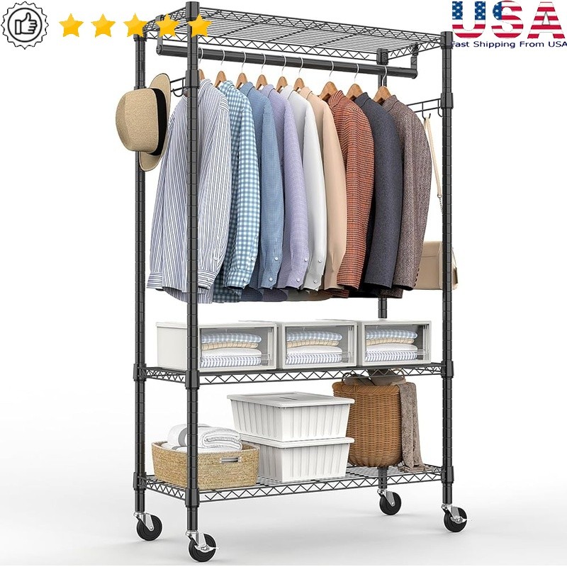 Heavy Duty Rolling Clothes Rack Adjustable Garment Organizer W/ Lockable Wheels