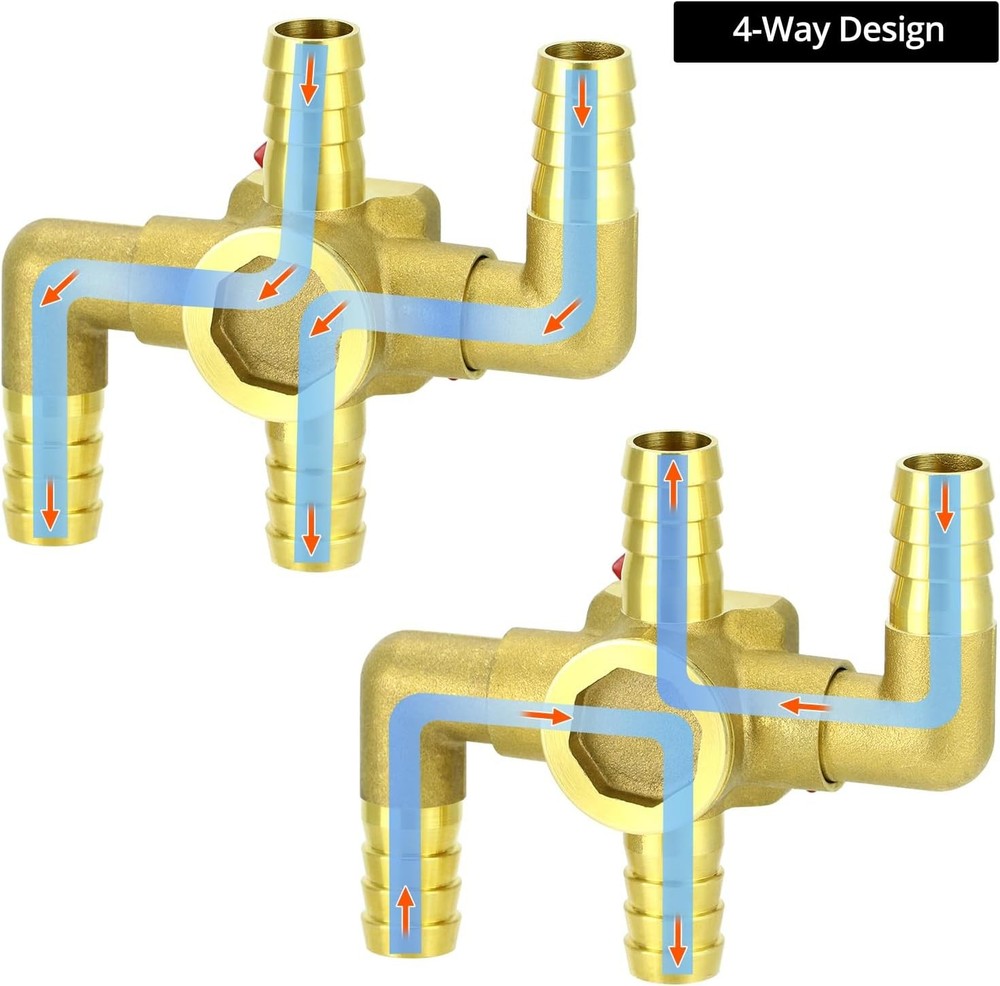 QWORK Solid Brass 5/8" 4-Way Heater Control Valve with Switch, 16mm Hose Barb Au