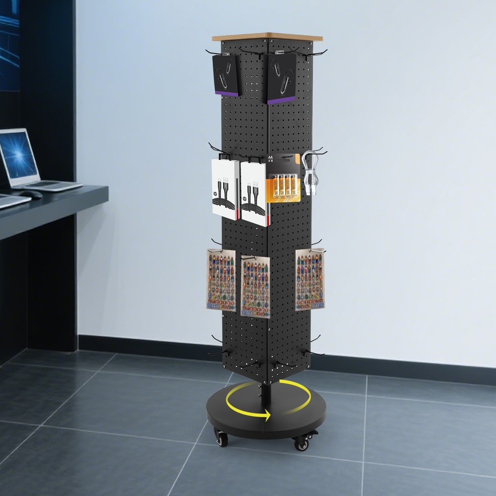 Perforated Panel Display Stand 360° Rotatable Display Rack with 30 Hooks Grocery