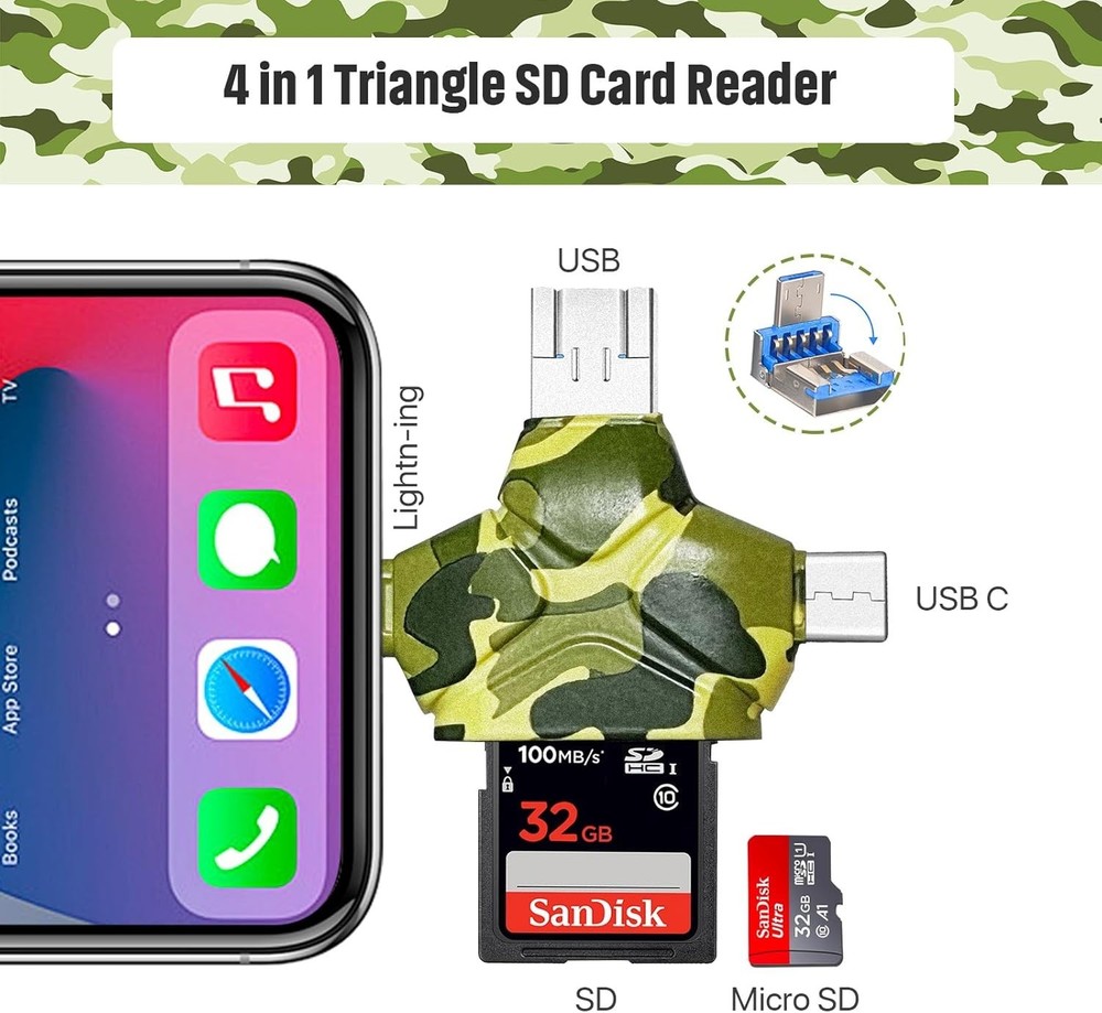 SD/Micro SD Card Reader for iPhone/iPad/Android/Mac/Computer/Camera, 4 in 1 T...