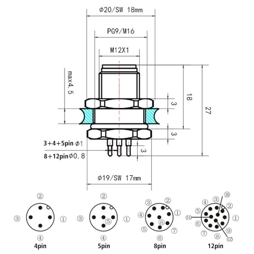 M12 A Coded IP67 Waterproof Front Bulkhead Panel Mount Connector 4 Pin Male