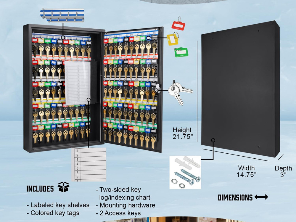 100-Position Key Lock Box – Solid Steel Key Cabinet with Adjustable Numbered Hoo