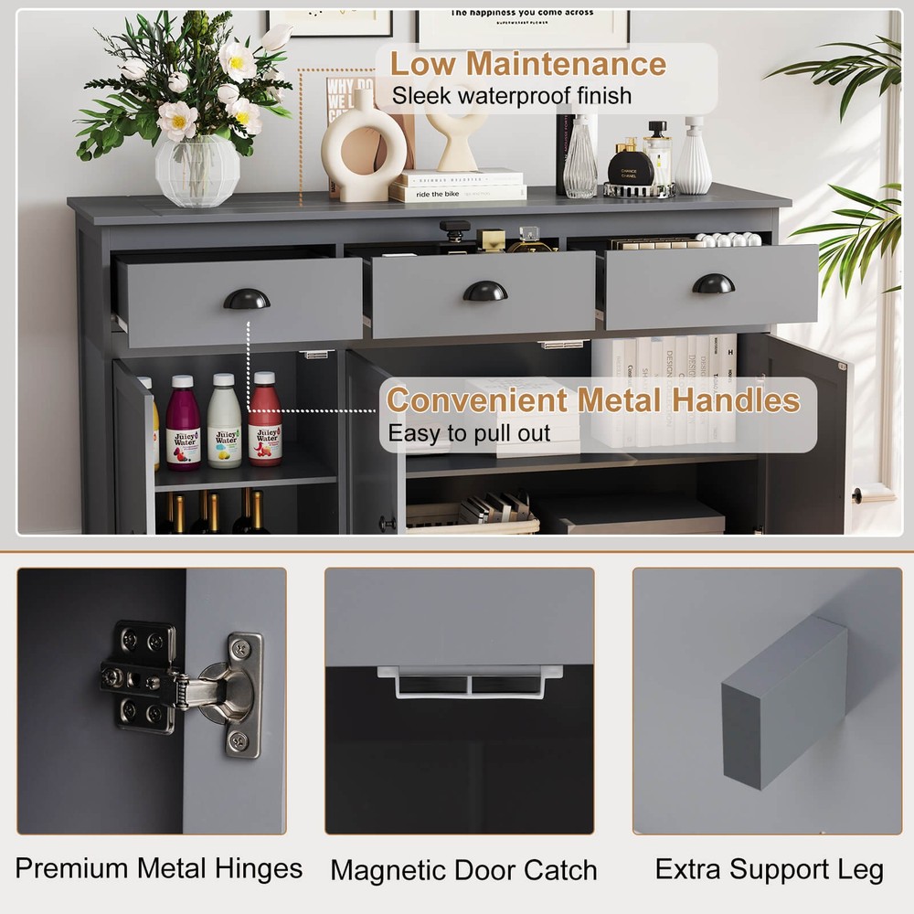 3 Drawers Sideboard Buffet Cabinet Console Table Kitchen Storage Cupboard Gray