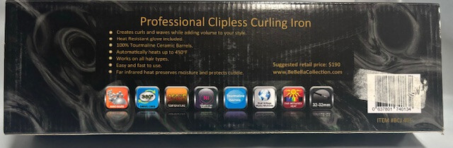 BEBELLA PROFESSIONAL CLIPLESS CURLING IRON JUMBO(BLACK 32MM)NWB