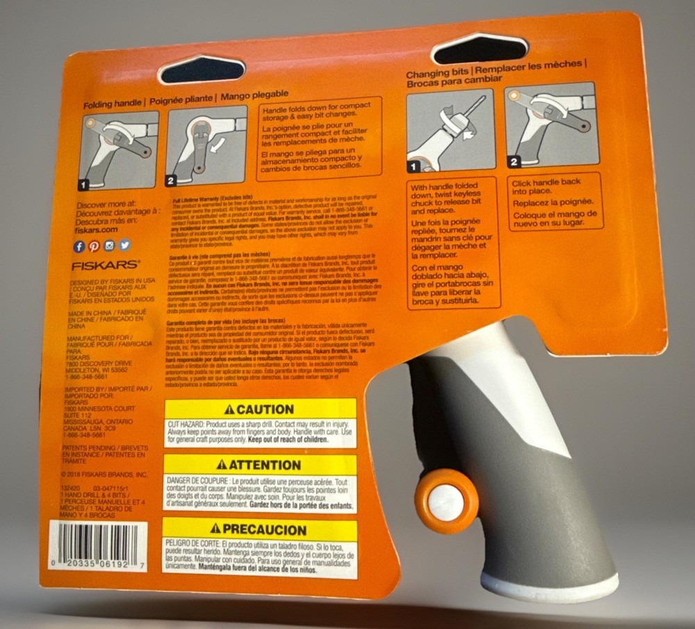 Fiskars 132420 Cord Free Manual Power Folding Handle Changing 4 Bits Hand Drill