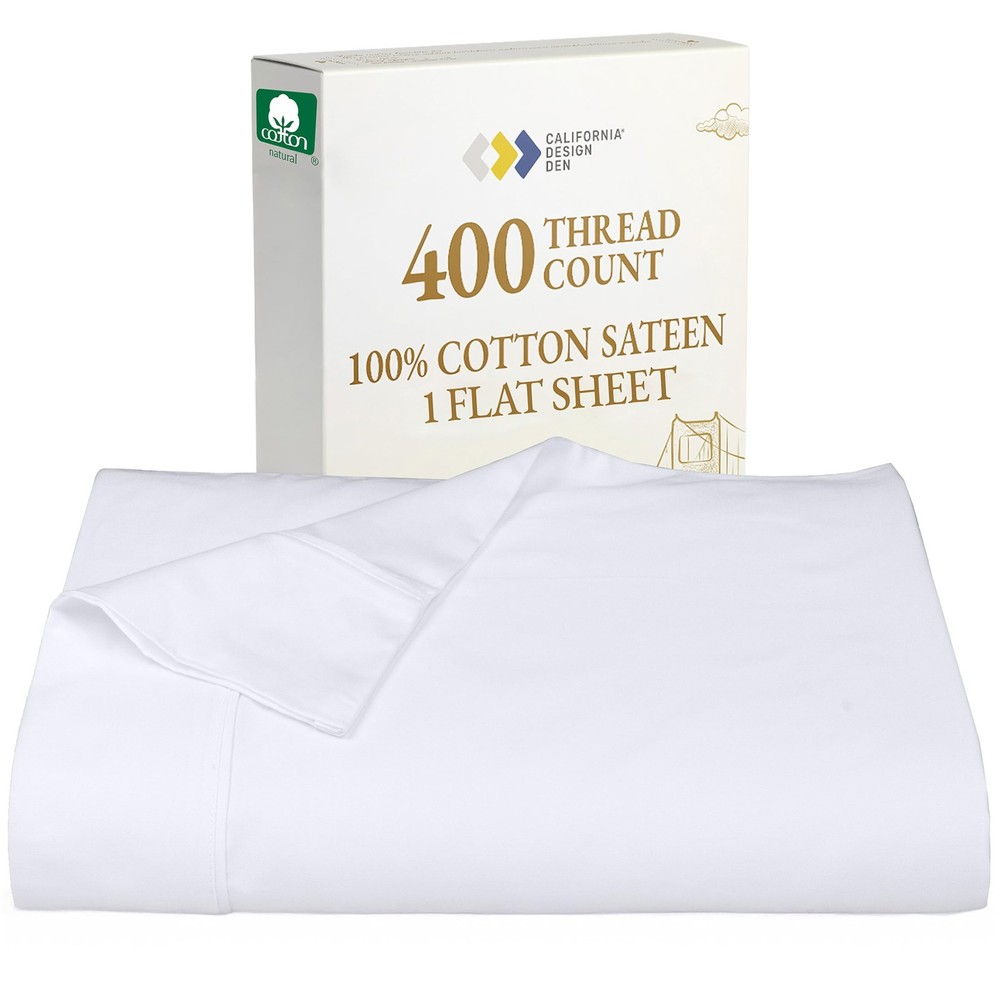 Flat White King Sheets Only - Soft 400 Thread Count 100% Cotton Sateen, & Bre...
