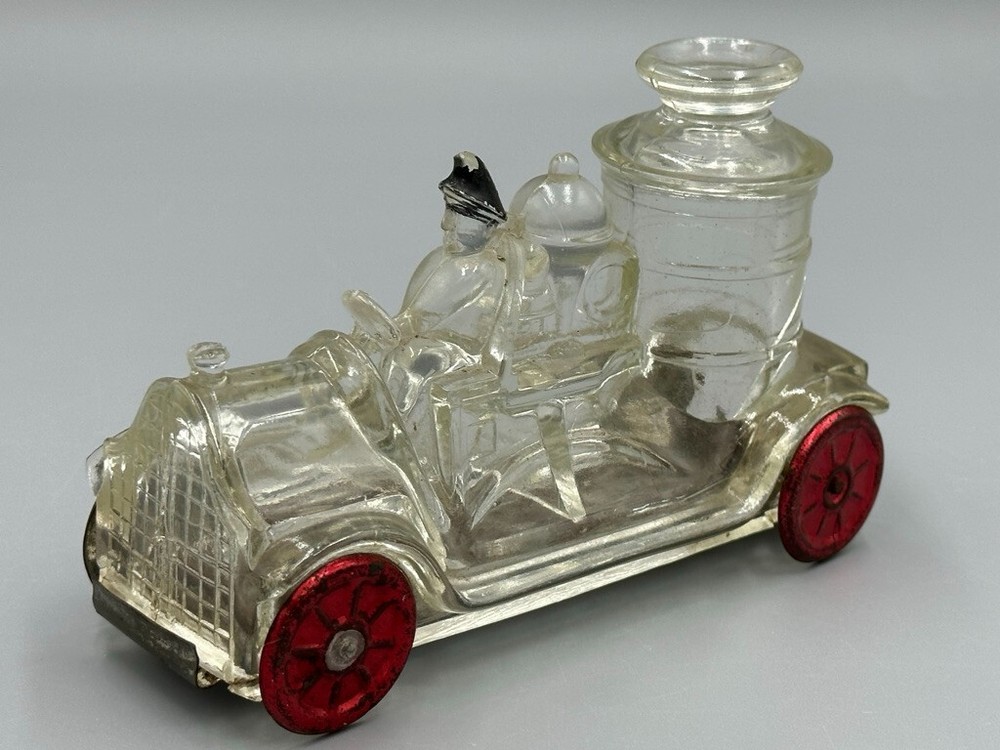 1914 FIRE ENGINE Stough Figural Glass CANDY CONTAINER Vintage E&A 223 Tin Wheels