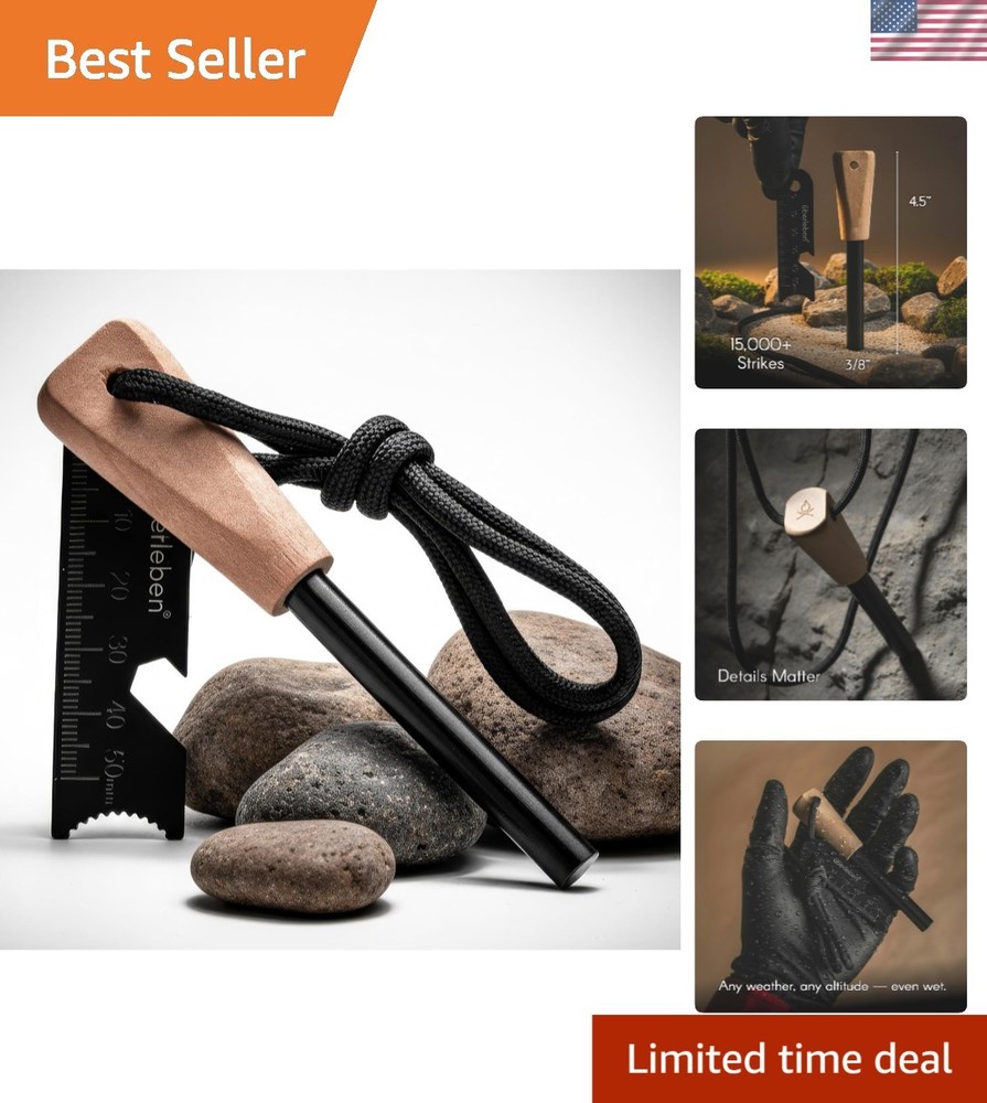 Weatherproof Ferro Rod Fire Starter with Lanyard & Multi-Function Striker