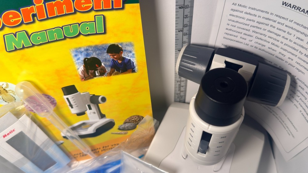 Motic LM-100 Microscope Kit WORKING w Case Sample Slides Tools Student Lab Set