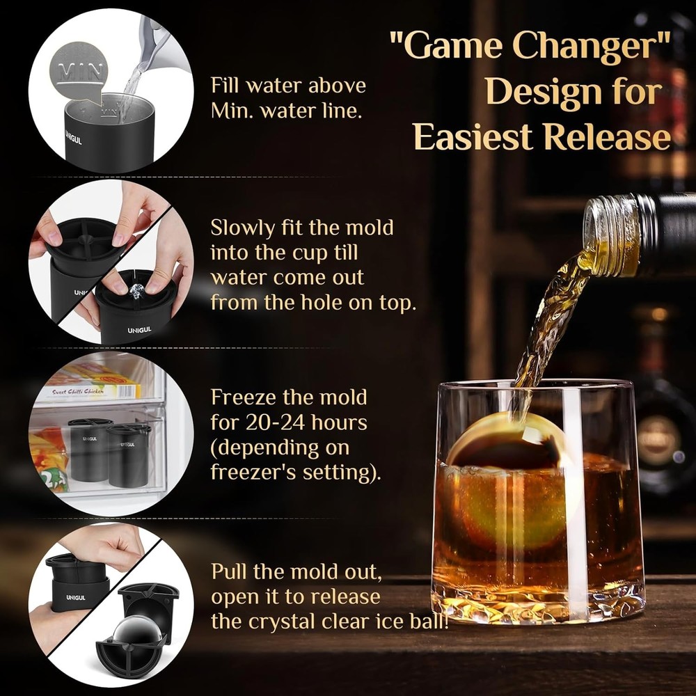 Clear Ice Cube Maker Non-BPA Premium Silicone Mold 2.5" Easy-Release Sphere