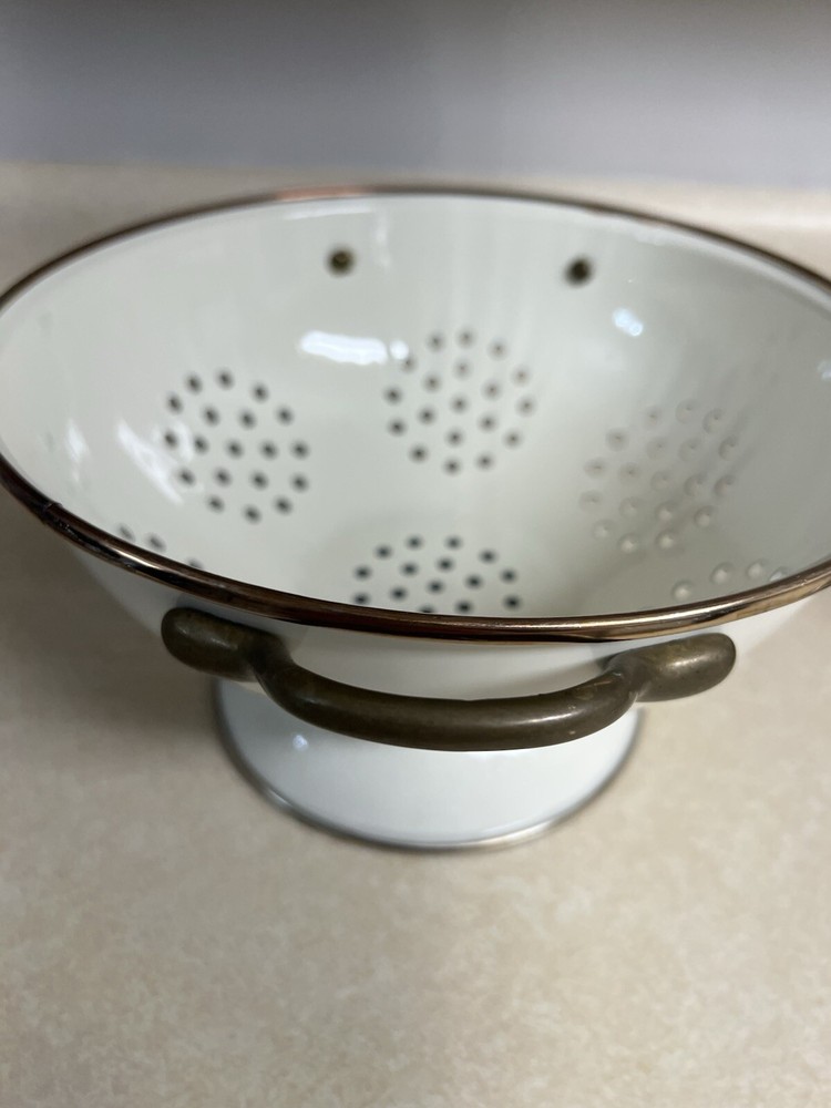 Vintage Cornucopia Enamelware Colander Made in Japan Copper Handles