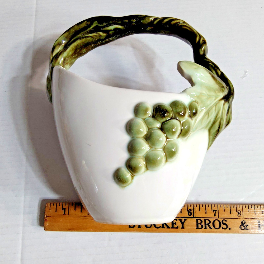 VTG Ceramic Basket Vase Green Grapes Relief Handle Grape Leaf Decor 9"