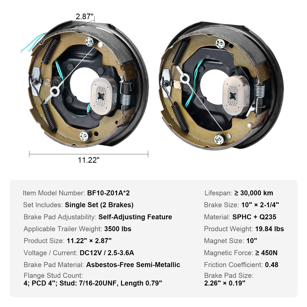 VEVOR Electric Trailer Brake 10"x2-1/4" Self-Adjusting Assembly 1 Pair 3500 lbs