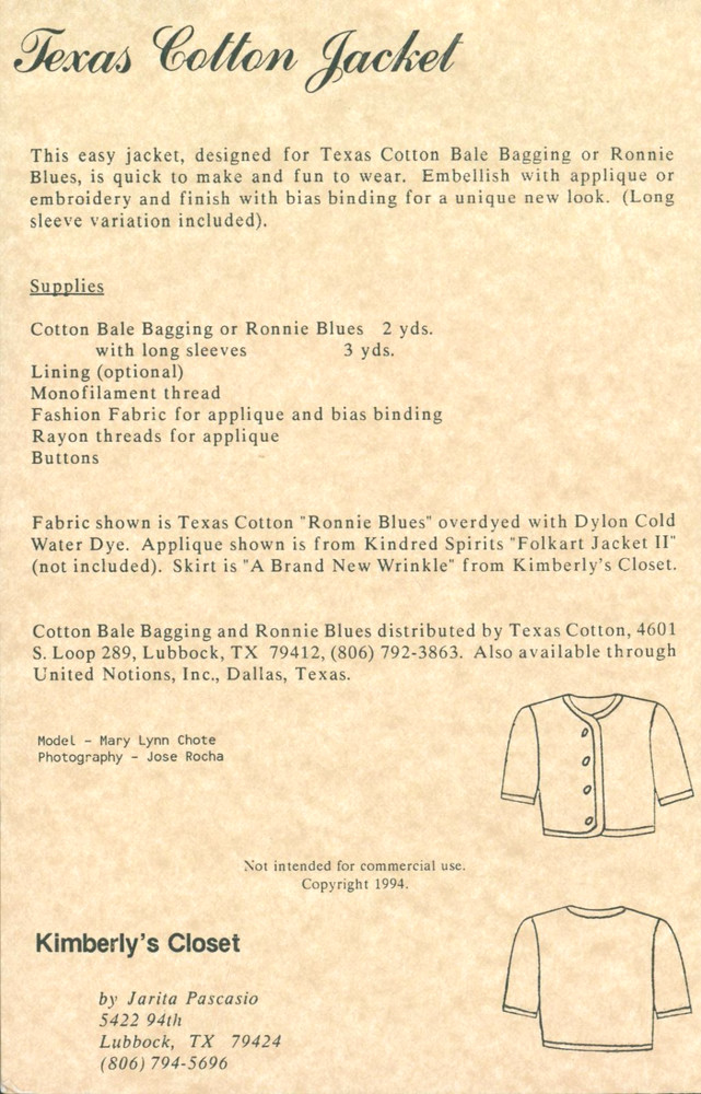 Texas Cotton Embellished Jacket Pattern Kimberly's Closet 105 Uncut Bale Bagging