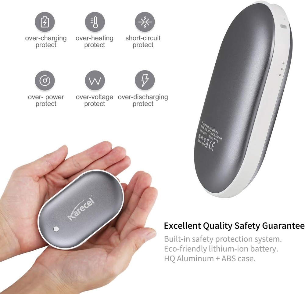Karecel Rechargeable Hand Warmer, 5200mAh Double-Sided Instant Heating