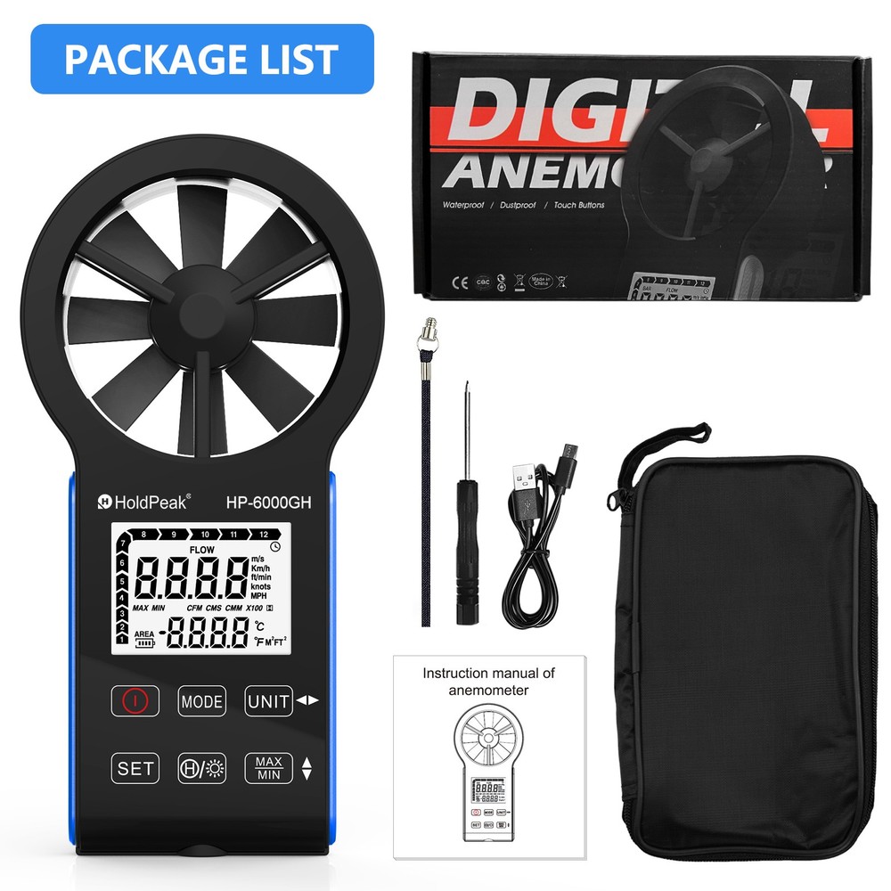 Digital Anemometer – Wind Speed, Airflow & Temperature Meter with USB-C Charging