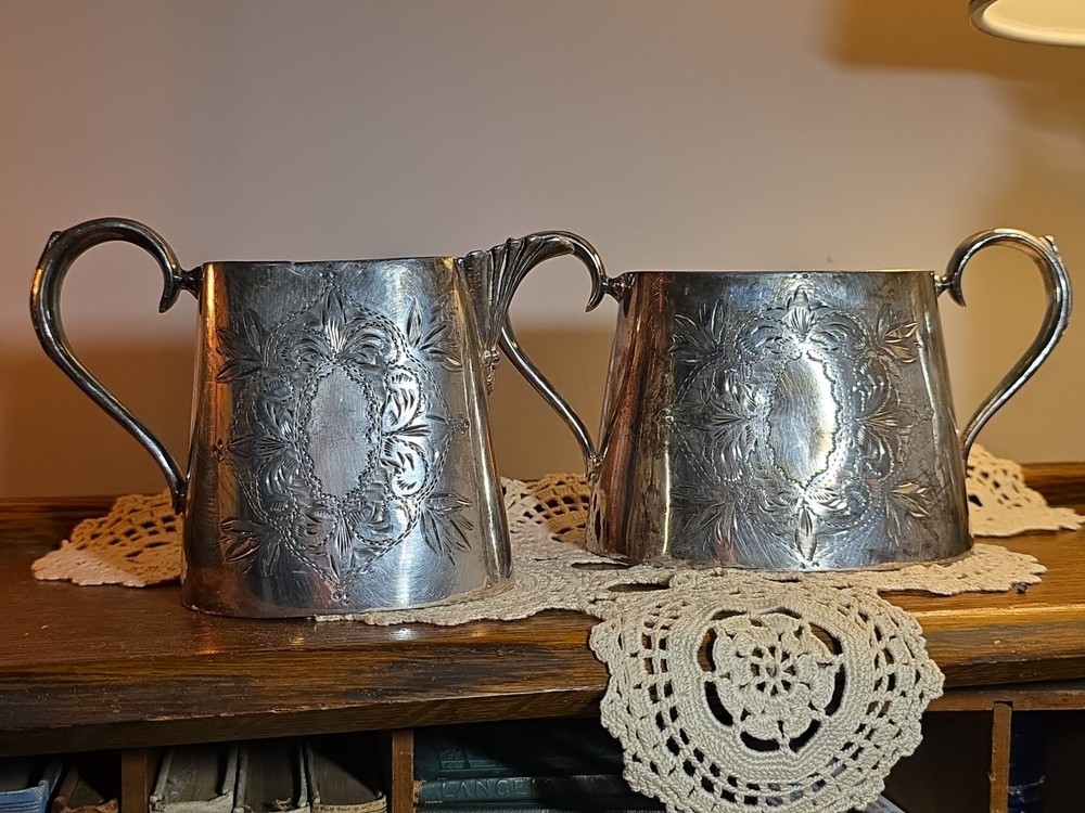 Antique Silverplated Etched Cream And Sugar Bowl Set