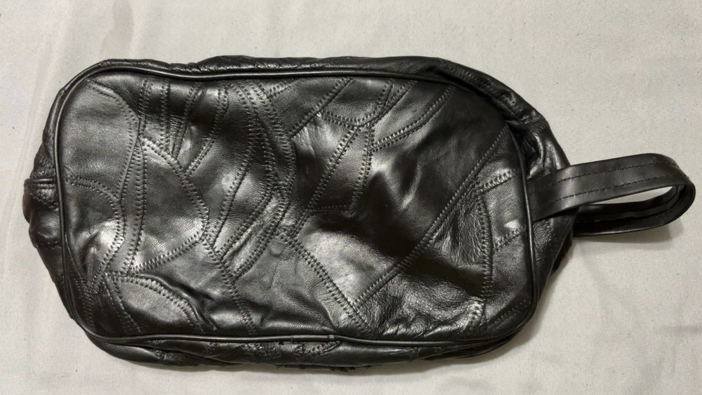 Black Patchwork Toiletry Travel Bag Retro Style Soft Leather