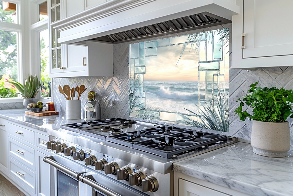 Ocean Landscape Scene Printed Tempered Glass Kitchen Backsplash Splashback Decor