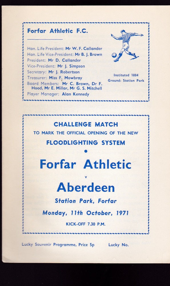 Forfar Athletic v Aberdeen Challenge Match Programme October 11 1971