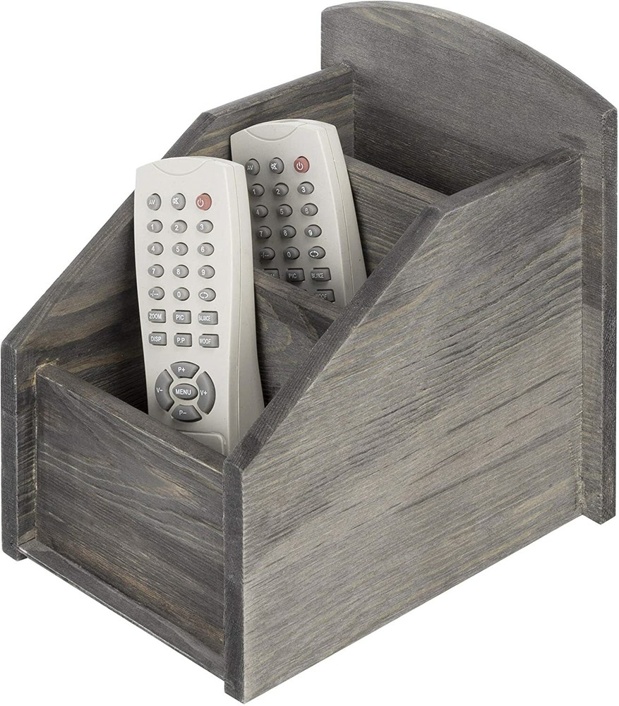 Rustic Dark Gray Solid Wood 3-Slot Remote Control Media Storage Organizer Caddy