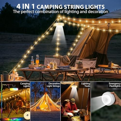 Camping String Lights, 4 in 1 Quick Storage 32.8FT 1PACK Warm & RGB
