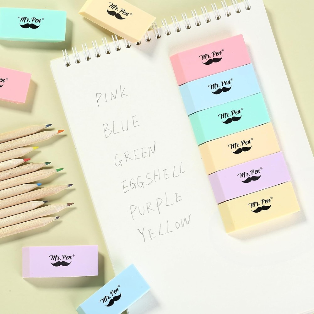 Mr Pen 24 Pack Pastel Pencil Erasers Large School Pack