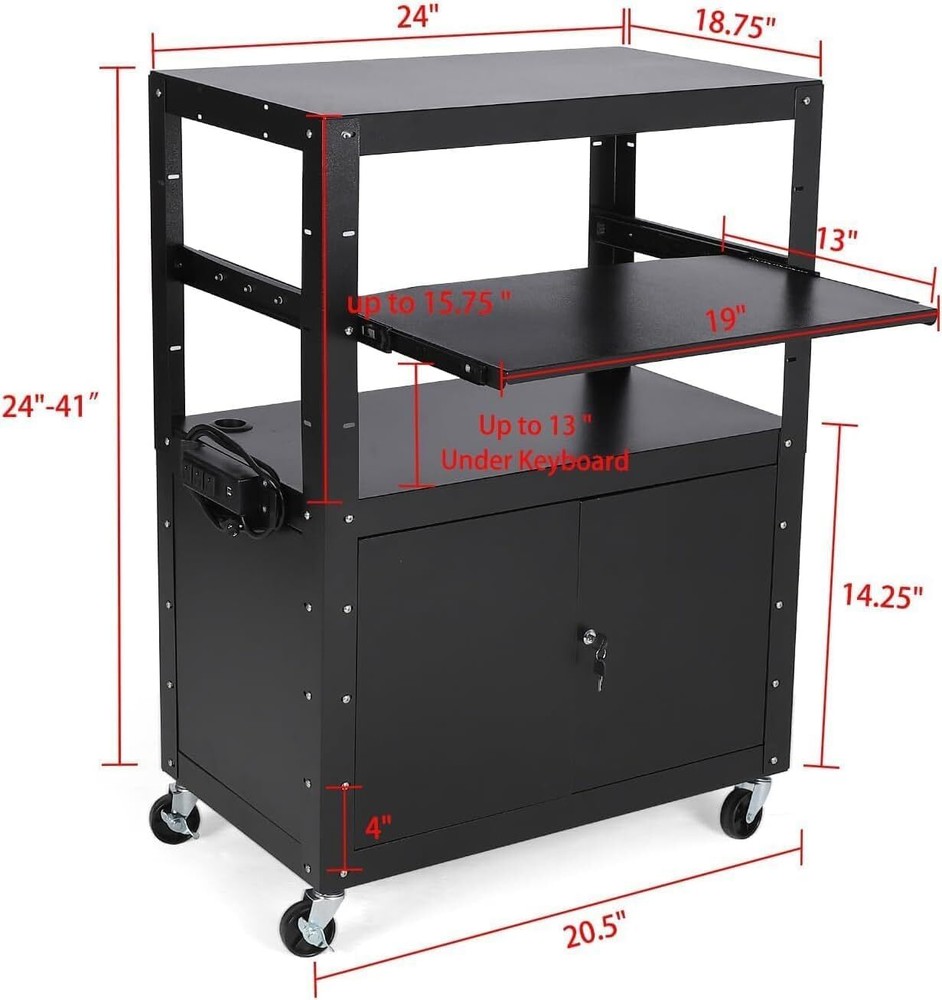Adjustable Height Rolling AV Cart with Lockable Cabinet Mobile Stand for Office