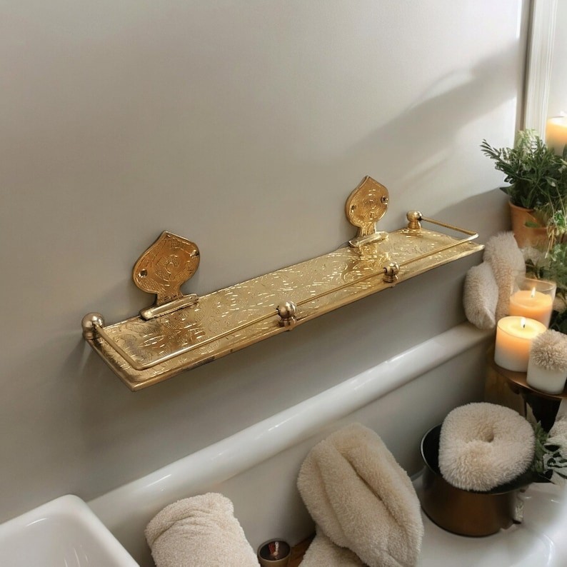 Engraved Solid Brass Wall Mounted Bathroom Shelf, Moroccan Handmade Brass Bathro