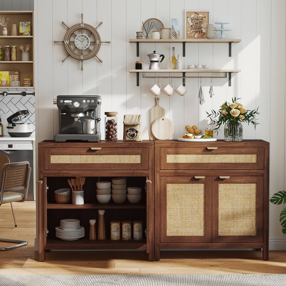 2 PCS Buffet Cabinet Sideboard Storage Cabinet Rattan Doors Adjustable Shelf