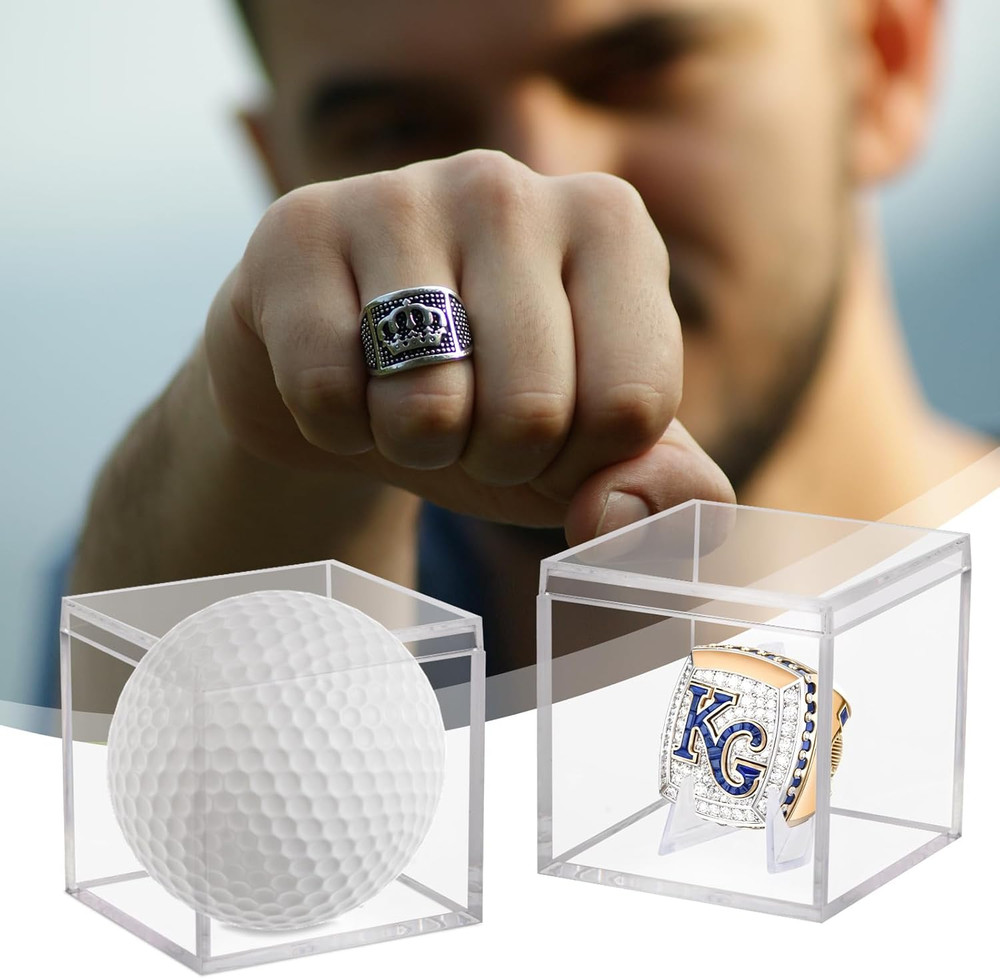 2 Pack Clear Acrylic Championship Ring Display Case, Memorabilia Stand Cube Hold