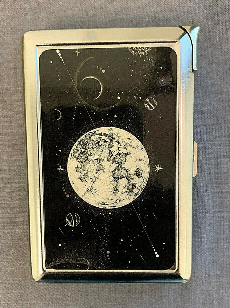 Outer Space D1 100's Size Cigarette Case with Built in Lighter Metal Wallet