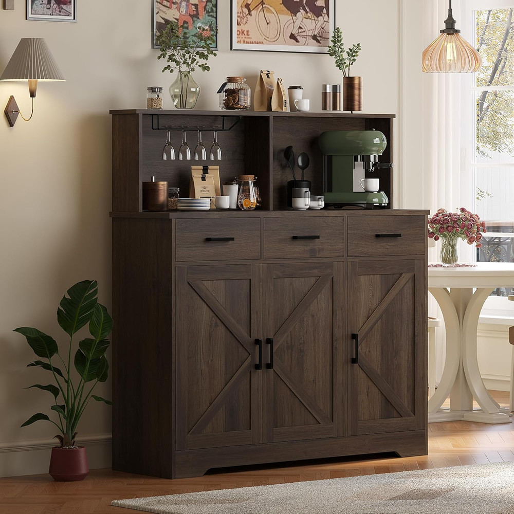 Rustic Buffet Cabinet with Microwave Stand, Barn Doors & Storage Shelves, Brown