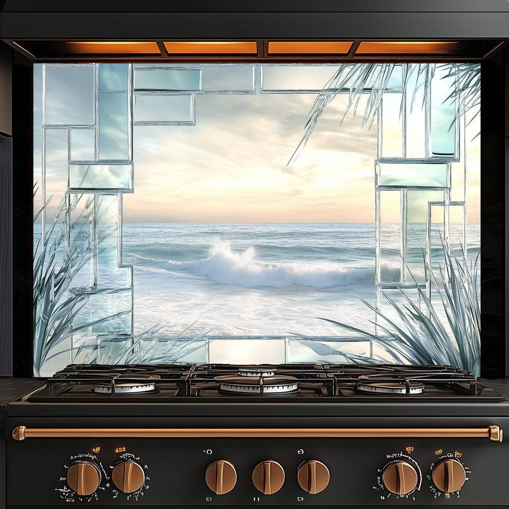Ocean Landscape Scene Printed Tempered Glass Kitchen Backsplash Splashback Decor